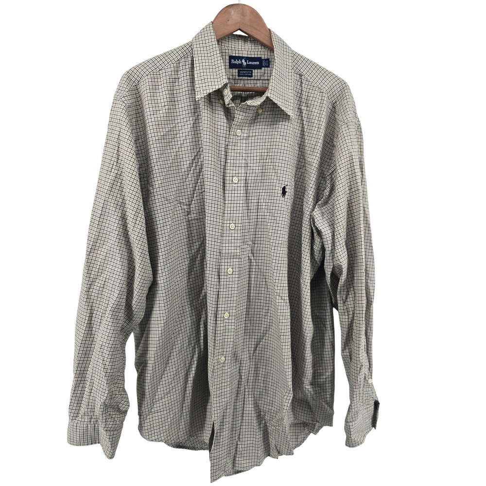 Ralph Lauren Button Down Mens 17.5 36/37 Cream Check Yarmouth Cotton Dress Shirt